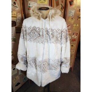 Woman Within Jacket Womens Sz Large White Brown Snowflake Faux Fur Parka Zip